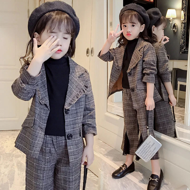 Special Offer Girls Suit Spring Fall Clothes Children's Leisure Plaid Clothing Set Kids Ruffles Lace Spliced Formal Suits P325