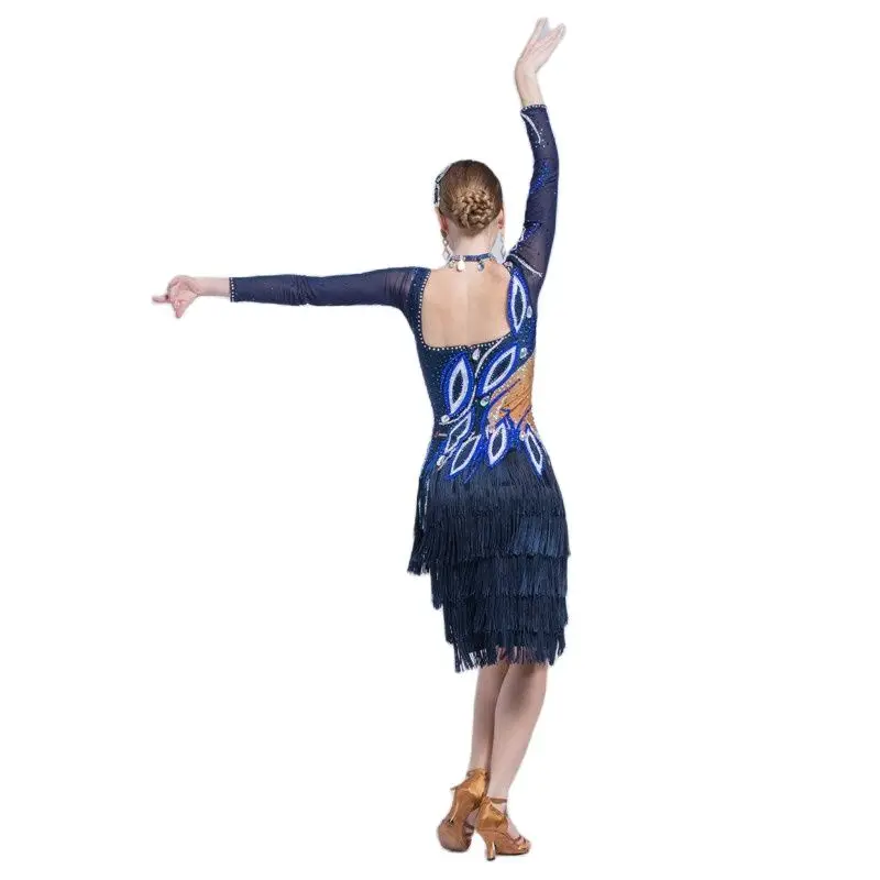 L-17198 Kid Latin dance performances dress adult, long-sleeved dancing bull rumba tassel dress