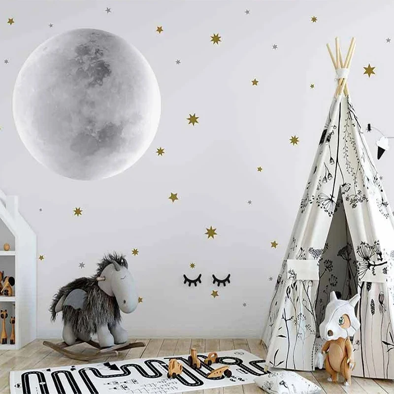 Custom Mural Wallpaper Modern Hand Painted 3D Fantasy Starry Sky Moon Cartoon Children's Bedroom Fresco Self-Adhesive 3D Sticker