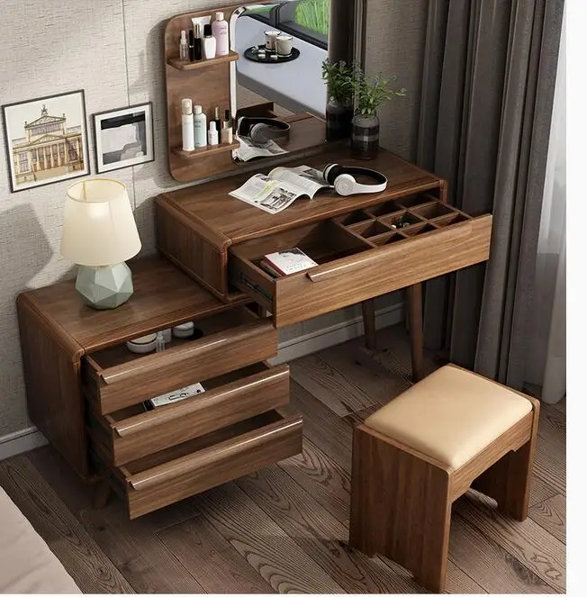 Solid wood dressing table bedroom retractable makeup cabinet small house to receive instagram dressing table