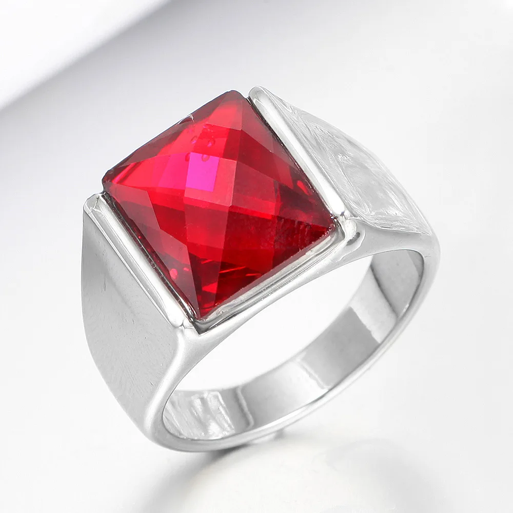 New Fashion Silver Color 316L Stainless Steel Red Stone rhinestone Ring for Men Punk Rock Male Jewelry