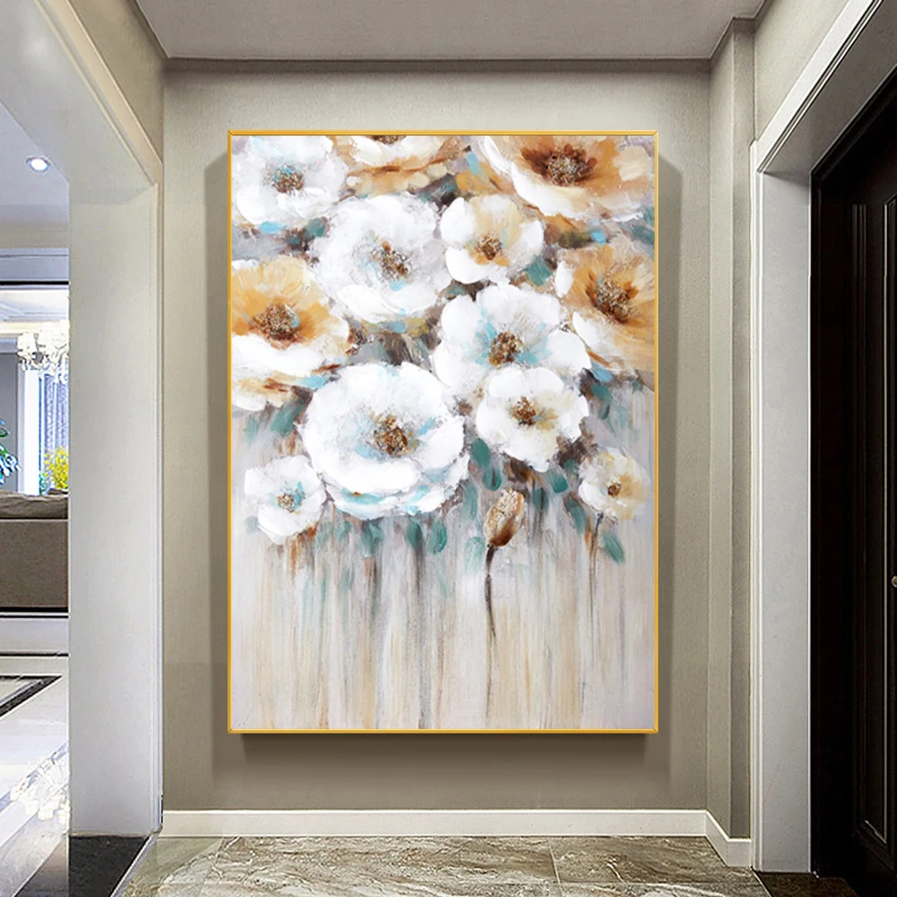 

Nordic Small Daisy Wall Art Picture Handmade Abstract Oil Painting White Flower Petals Canvas Picture Decor Living Room Mural