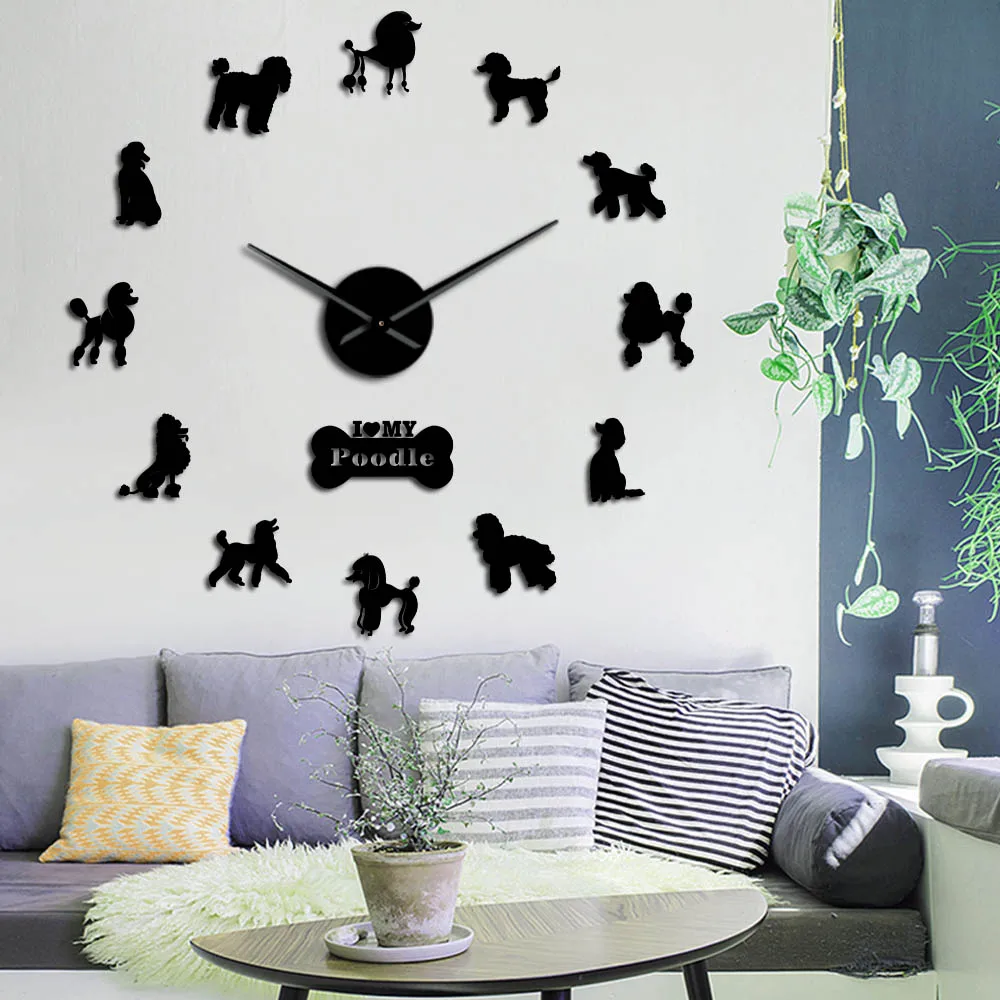 Pudel Duży Ręczny Nowoczesny Zegar Ścienny Pudelhund DIY Gigantyczny Zegar Ścienny Jadalnia Dekoracja Ścienna Caniche Efekt Lustro DIY Duża Sztuka Ścienna