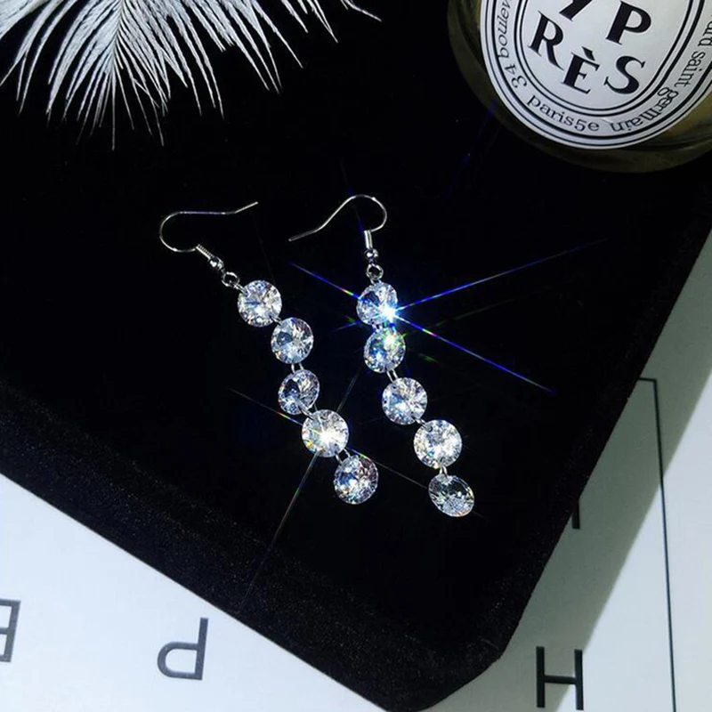 Women\'s Fashion Long Drop Earrings Shiny Crystal CZ Stone Connected Charming Dangle Earrings Jewelry For Lady Girls