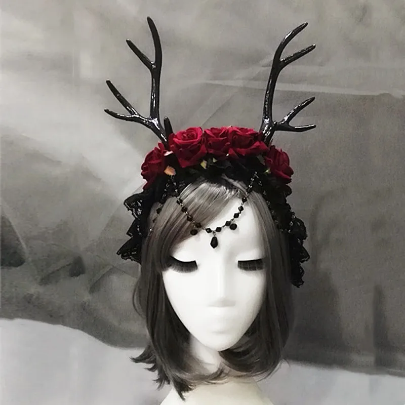 Cosplay Elk Horns Headbands Hair Accessories Rose Lace Veil Deer Antler Headdress Costume Accessory Christmas