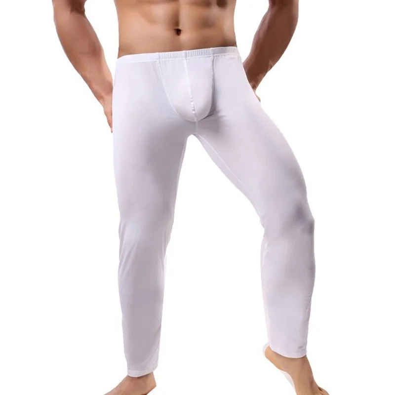 2XL Mens Sleep Bottoms Sexy Erotic Big Pouch Pants Ice Silk Ultra-thin See Through Trousers Gay Legging Lounge Pants Sleepwear