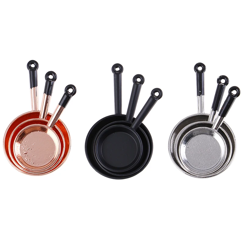 1/12 Scale Vintage 3Pcs Dollhouse Miniature Metal Frypan Frying Pans Cooking Pot Cookware Kitchen Accessory