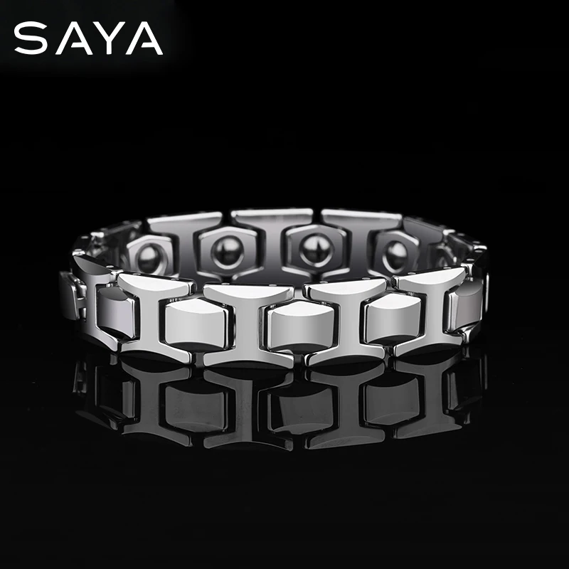 Pulsera de carburo de tungsteno pulido con piedras magnéticas y germanio para hombres, joyería, grabado, 10,5mm de ancho