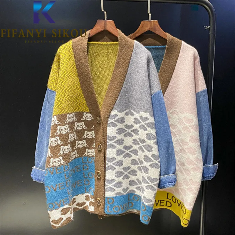 

Denim Spliced Knitted Sweater Jacket Women Long Sleeve V-Neck Fashion Patchwork Cardigan Knit Coat Female Autumn Loose Sweaters