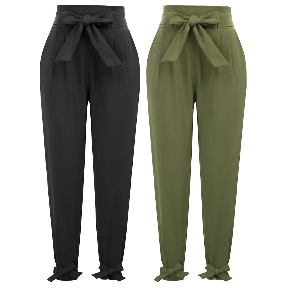 GK Women High Waist Capri Pants With Bow-Knot 2pcs-Pack Casual Cropped Pants Office Lady Temperament Casual Comfort Trousers