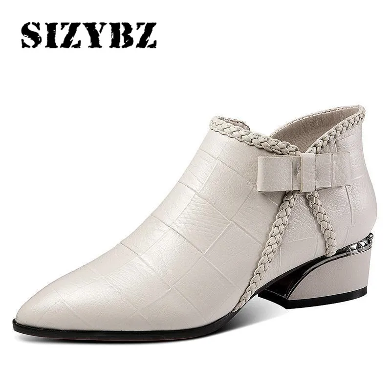 Pointed Toe Beige Square Heel Women Boots 2019 Fashion Butterfly-knot Ankle Boots Zipper PU Leather Rubber Zapatos Mujer