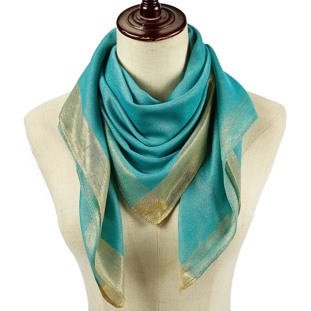 Solid Square Scarf With Golden Lurex Border Plain Head Scarves For Women Shawl Light Weight Basic Style 90*90 cm