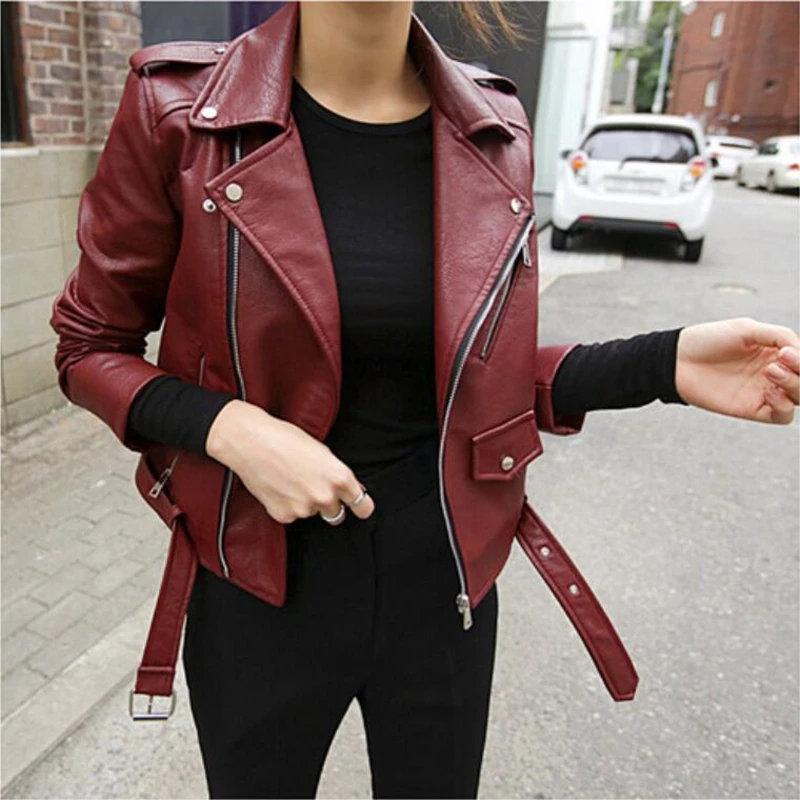 Veste en cuir femme, vêtements printemps coréen Fit Streetwear Pu rose Biker vestes éléphant manteau en cuir LW486 2021