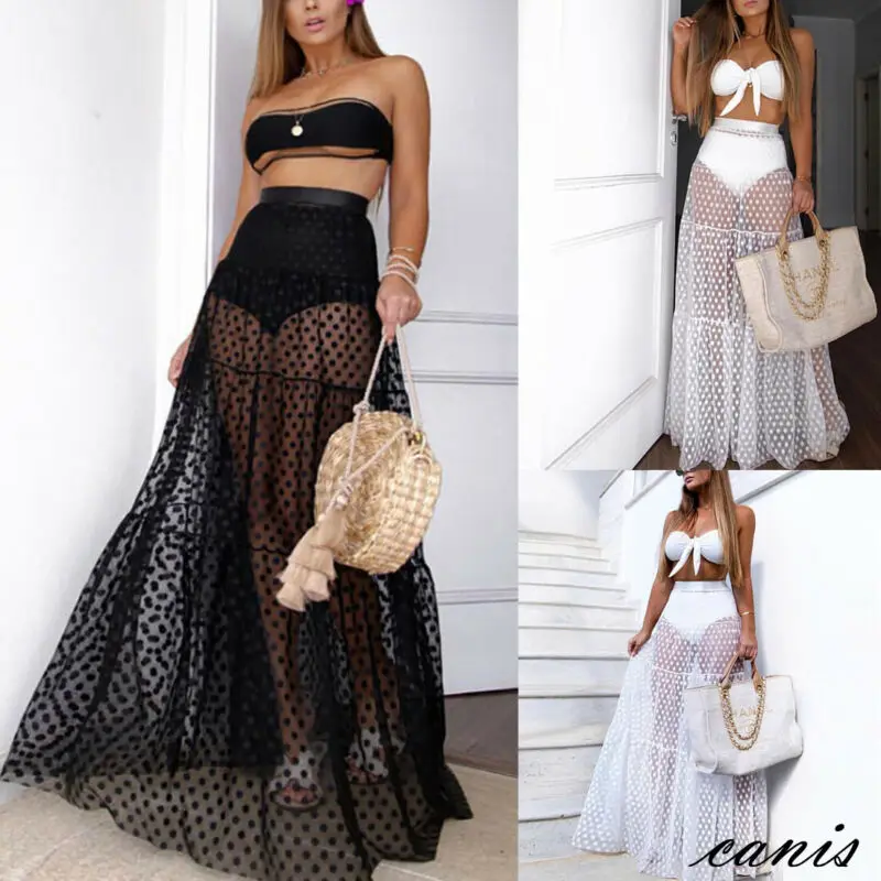 Sexy Women Mesh Sheer Dot Skirt High Waist See-through Long Skirt Ladies Summer Transparent Long Maxi Skirt Beachwear Cover-Ups