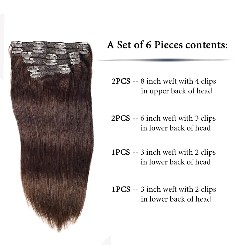 Toysww 100% Real Human Hair Extension Volledige Head 6 Stks/set Clip In Hair Extensions Donkerbruine Kleur #2,100G 120G