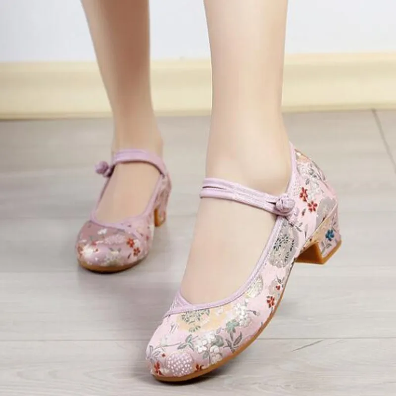 Round Toe Mary Jane Button Strap Women Pumps Mid-Heel Ladies Dress Shoes Woman Retro Embroider Summer Sandals Ethnic Dance Shoe