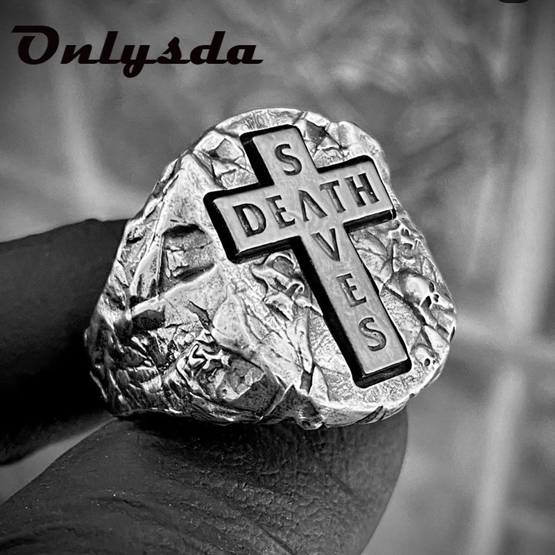 Cross Death Saves Signet Ring Men Finger Punk Hip Hop for Boyfriend Male Stainless Steel Jewelry Creativity Gift Freeshipping