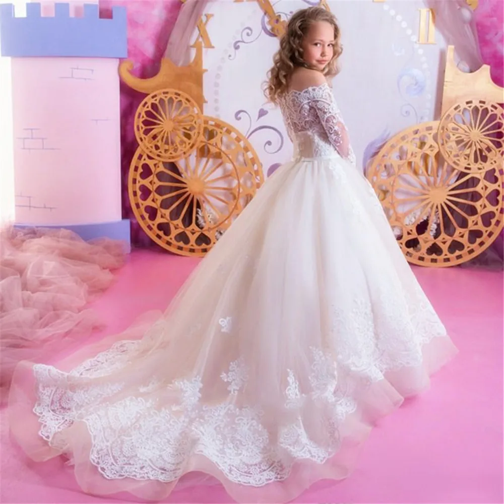 

New Elegant Flower Girls Dresses High Quality Lace Applique Beading Long Sleeve Ball Gown Custom Holy Communion Party Dresses