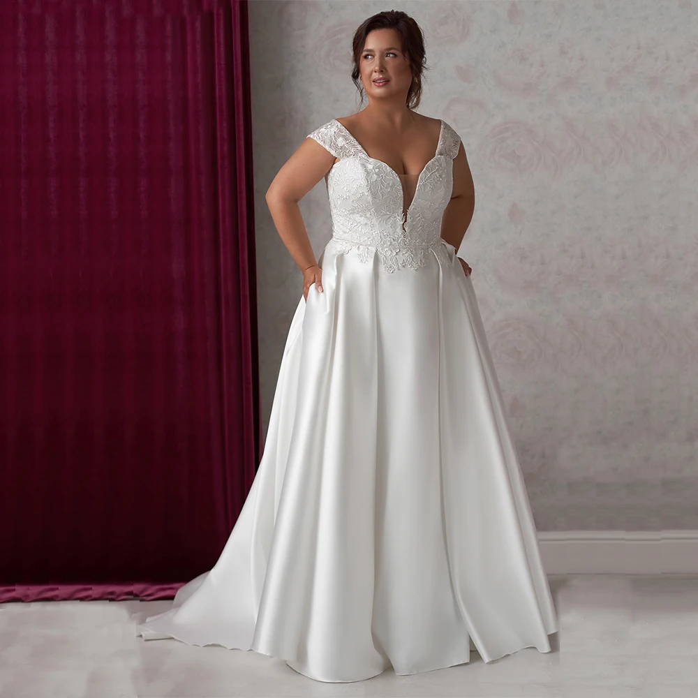 Sexy A Line abito da sposa in raso Cap Sleeve Sweetheart Applique cintura perline Sweep Train Plus Size abito da sposa Robe De Mariee