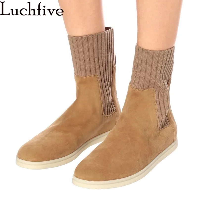 

New High top Brand Ankle boots for Woman Suede Leather Elastic Knitted Slip-on Casual Short Boots Runway flat Shoes Woman