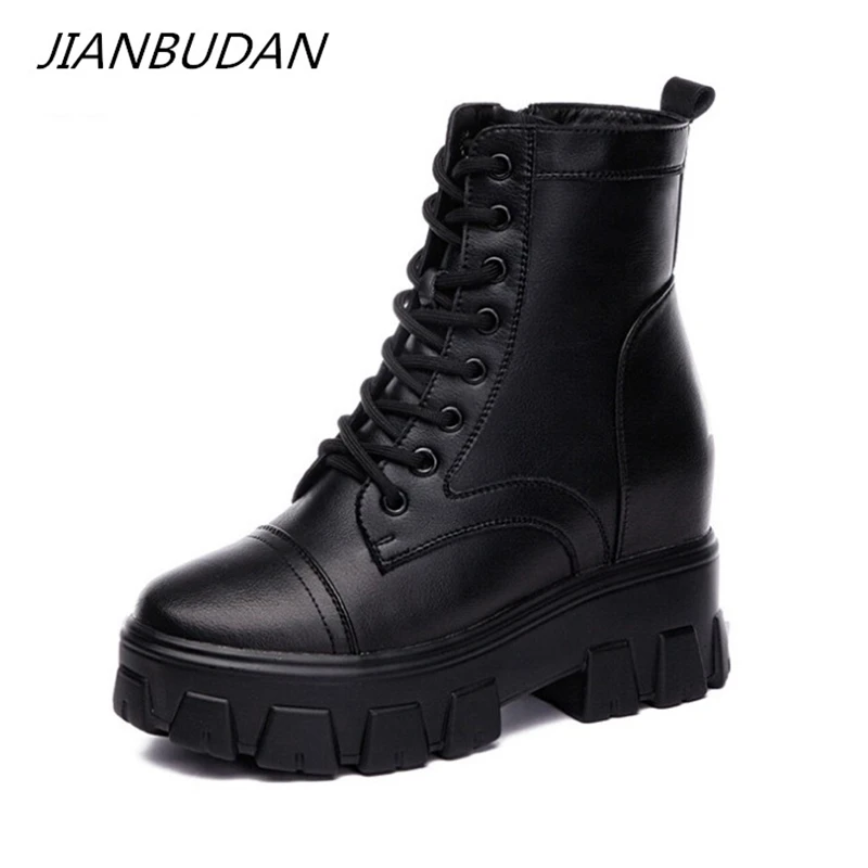 JIANBUDAN, nuevas botas cortas con plataforma para mujer, botas informales de cuero para otoño que aumentan la altura, botas de nieve cálidas e impermeables para invierno