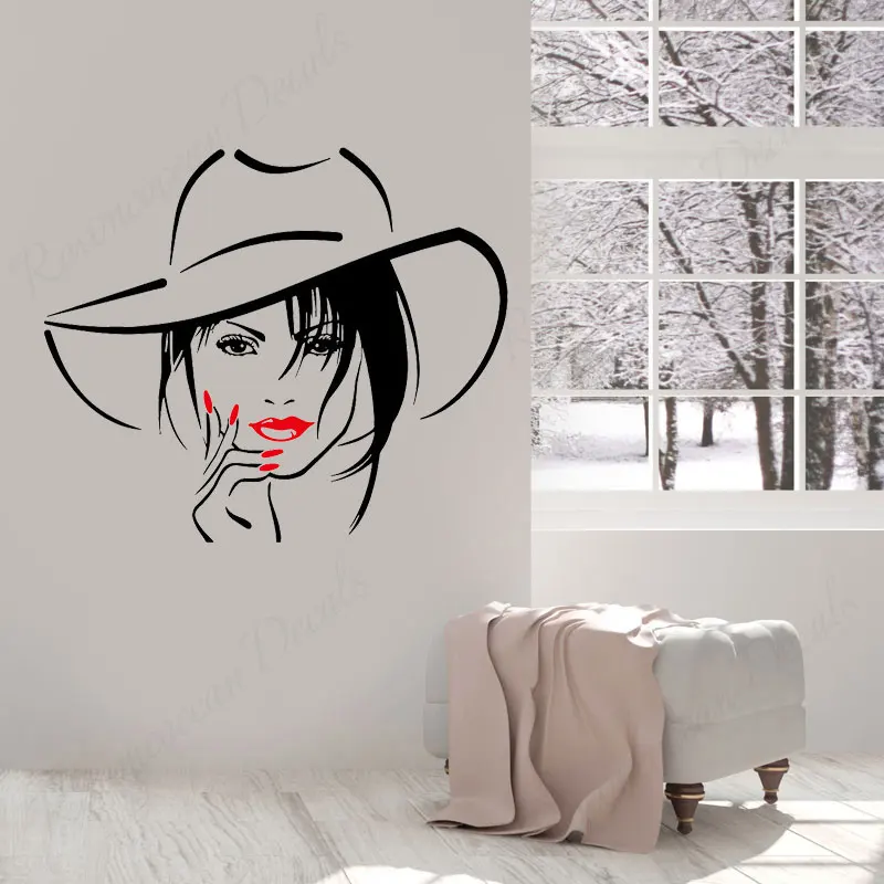 

Beauty Fashion Woman Girls With Hat Wall Sticker Vinyl Decor Makeup Nail Salon Shop Sign Wall Decals Removable Wallposter E514