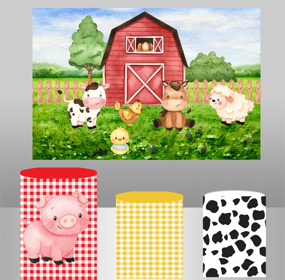 Fondo de fotografía de fiesta de animales de granja de dibujos animados y cubiertas elásticas de cilindro, productos impresos para fiesta de cumpleaños de niños