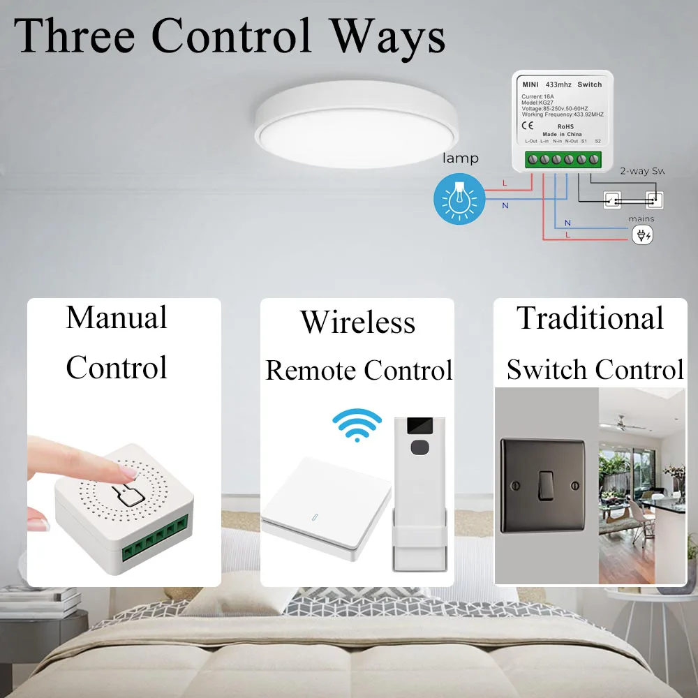 16A Mini Smart Wireless Switch Light Rf 433MHz 2 Way Relay Module Timer Home Electric Breaker Remote Control For Socket Led Lamp