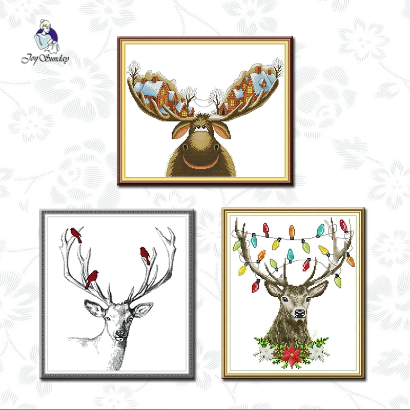 

Joy Sunday Christmas Deer Animal Style Printed Cross Stitch Kit 11CT 14CT Counted Canvas Embroidery Handmade Needlework Gift Set