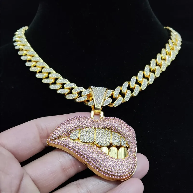 Men Women Hip Hop Bite Lip Shape Pendant Necklace Crystal Cuban Chain Iced Out Bling HipHop Necklaces Fashion Jewelry