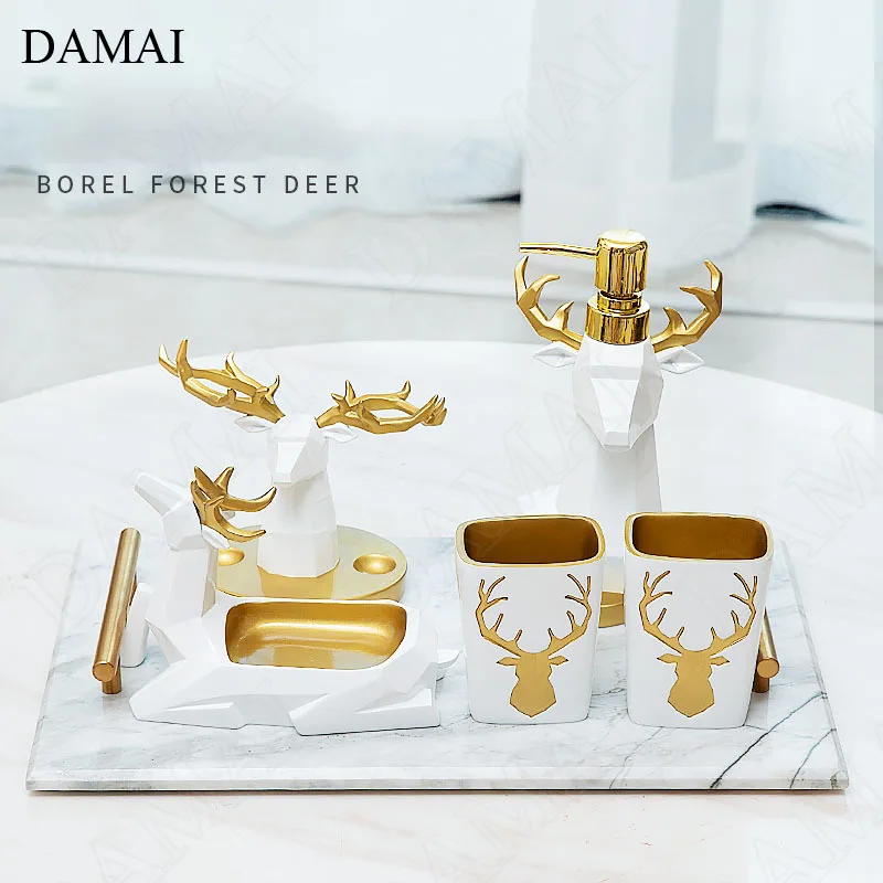 

Creativity Golden Elk Bathroom Set Nordic Household Five Piece Set Resin Restroom Wash Organizer Bathroom Decoration Accessories