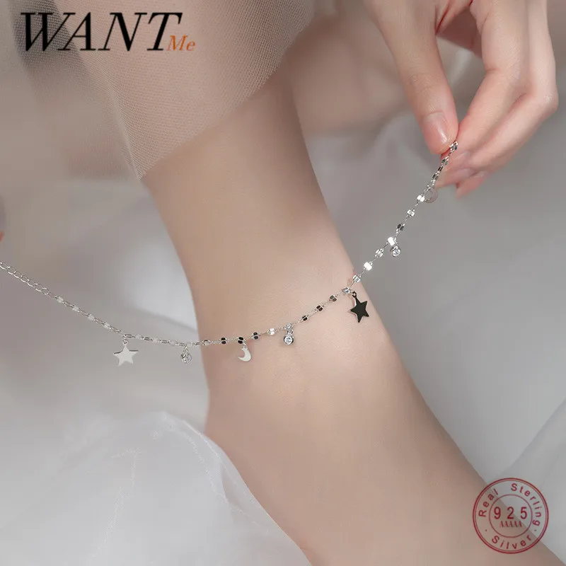 

WANTME 925 Sterling Silver Luxury Shiny Zircon Star Moon Romantic Chain Anklet for Women Simple Fashion Korean Charm Jewelry