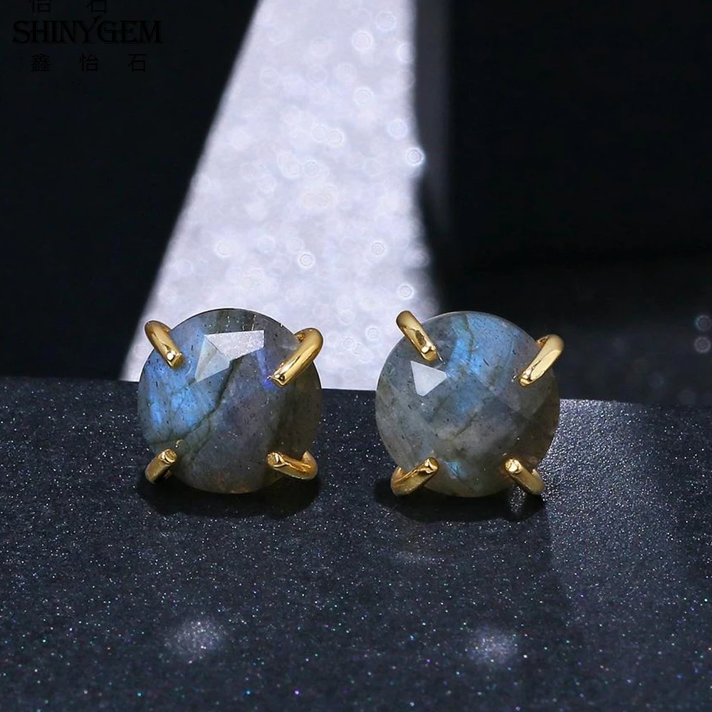 ShinyGem Elegant Cute 10*10mm Natural Labradorite Stud Earrings 925 Silver Gold Plating Charm Grey Gem Stone For Women