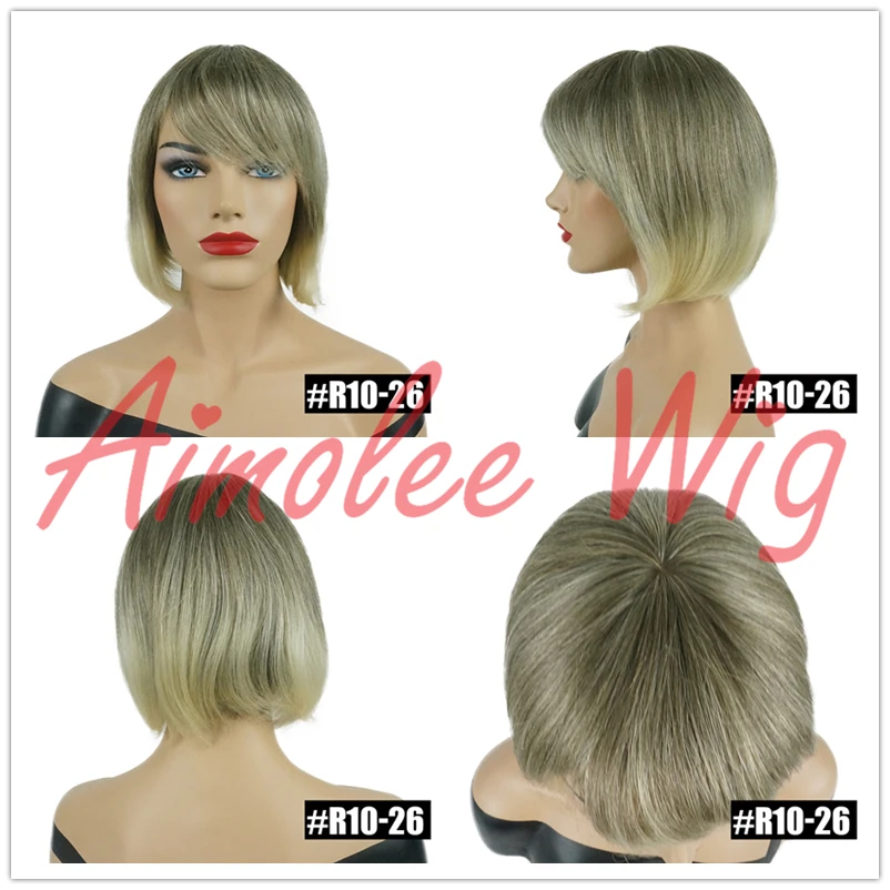 Aimolee Short Straight Bob Style Wigs with Bangs Brown Black Blonde Highlights Human Hair Blend Synthetic Wigs for Women