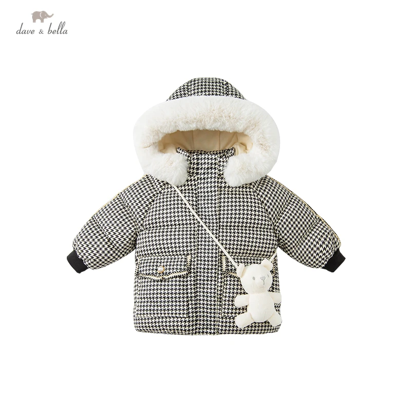 DBM20447 dave bella winter baby girls plaid down coat children 90% white duck down padded kids jacket with a small bag