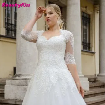 Abito da sposa in Tulle taglie forti A-Line con mezze maniche Appliques in pizzo abito da sposa con lacci sul retro su misura