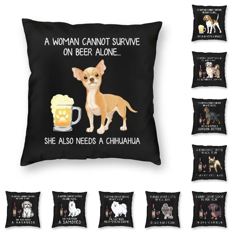 Pug Border Terrier Chihuahua And Wine Print Square Throw Pillow Case Home Decor Pillowcover Dog Lover Cushion Cover for Sofa Car