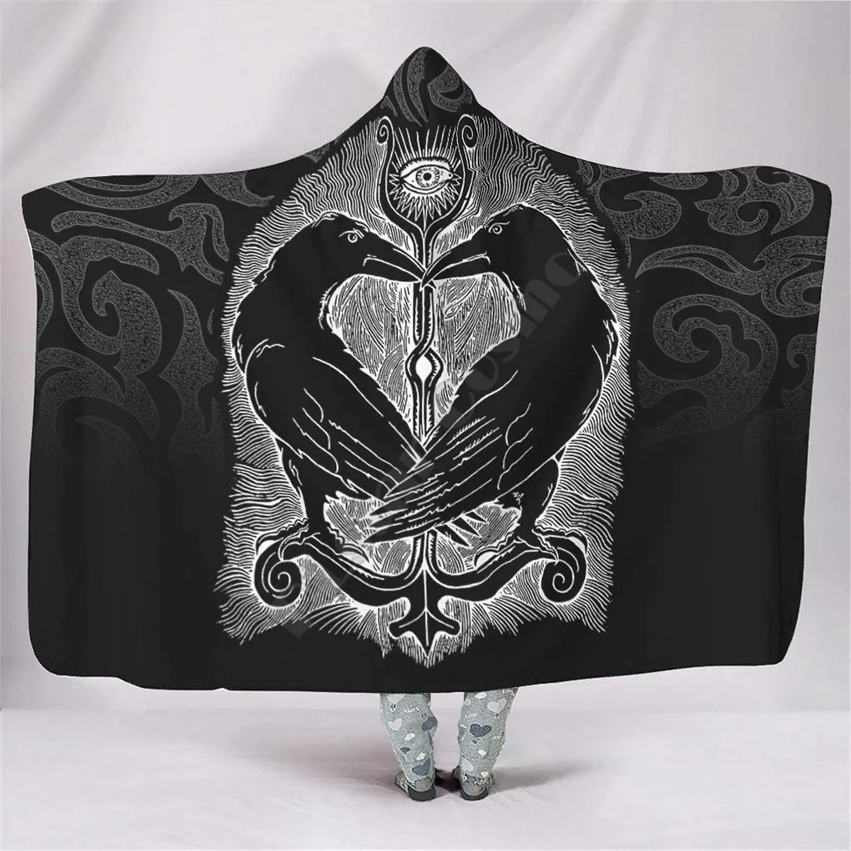 

Viking Ravens in Norse Beautiful Bright 3d printed Hooded Blanket Adult child Sherpa Fleece Wearable Blanket Microfiber Bedding