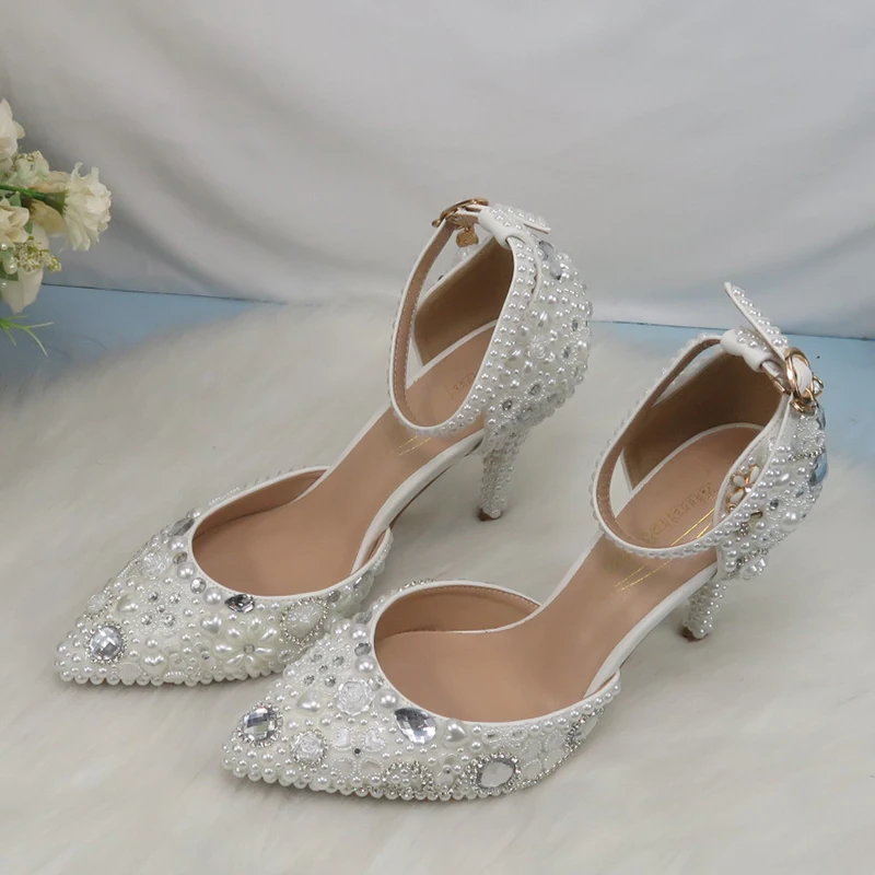 Womens Wedding Shoes Bridal Sandals Shoes Woman Thin Heel Crystal Party Dress Shoes Woman High Pumps white Pearl Wedding shoes