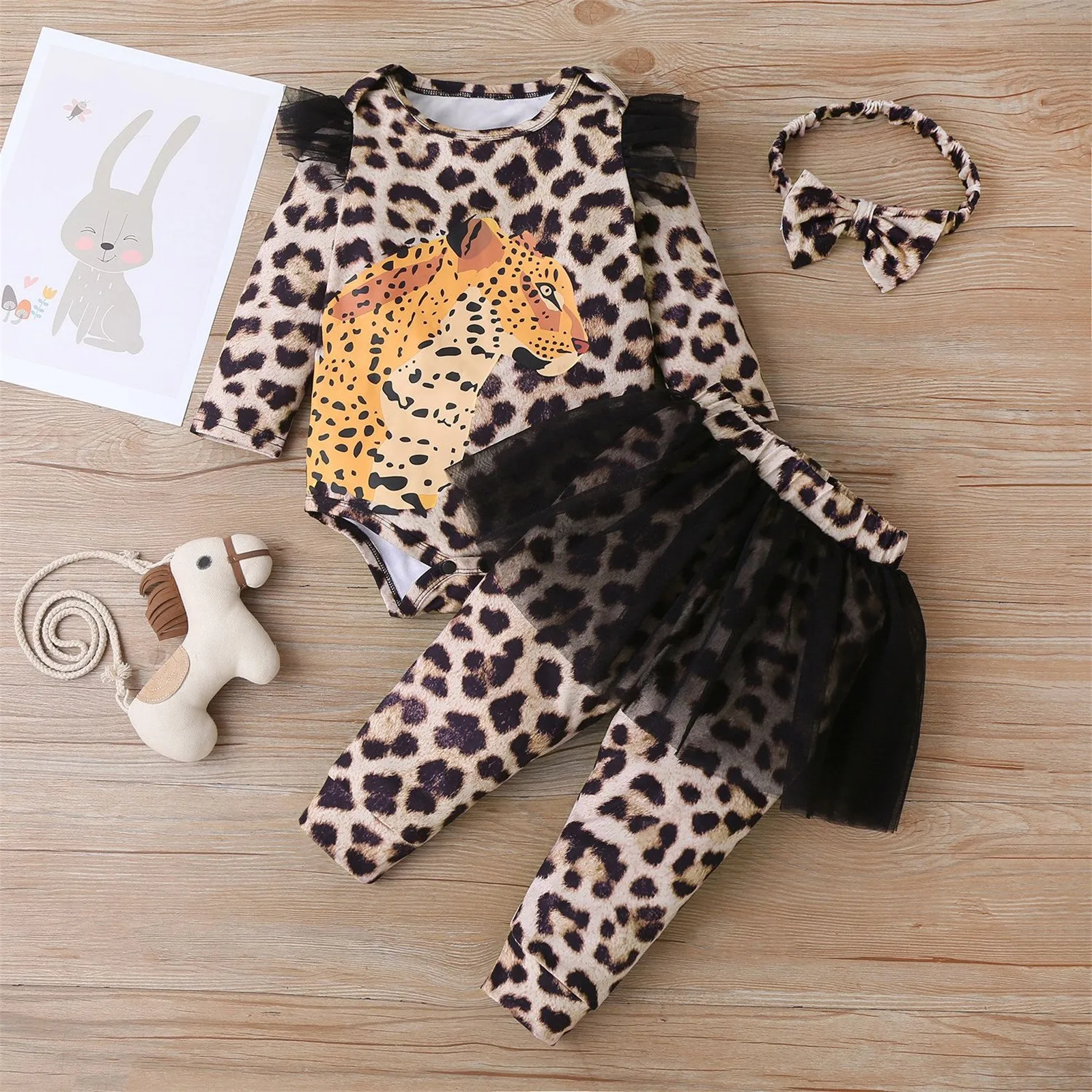 

3pcs Newborn Baby Girls Clothes Leopard Print Romper +Pantskirt +Hairband Infant Casaul Outfits Winter Girl Clothing Sets 6-24M