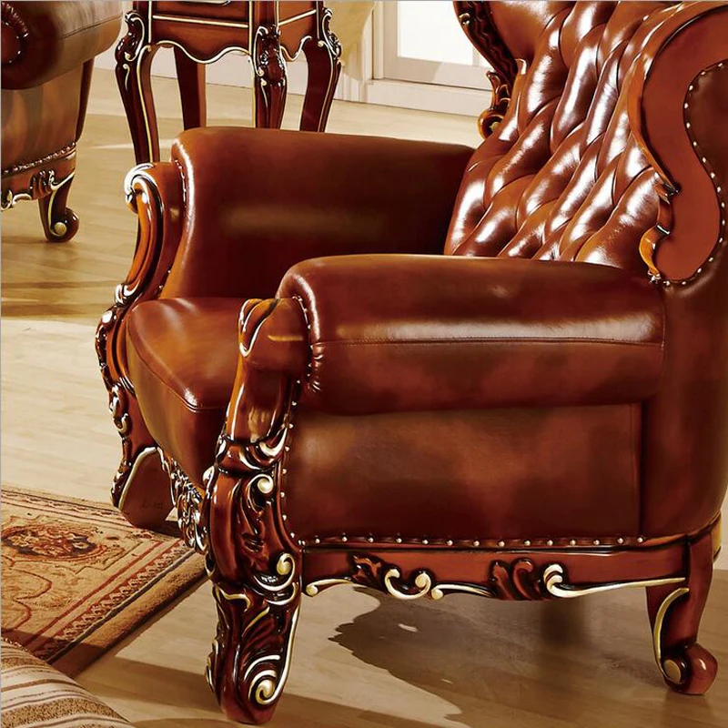 high quality  European  antique living room sofa furniture genuine leather set p10300