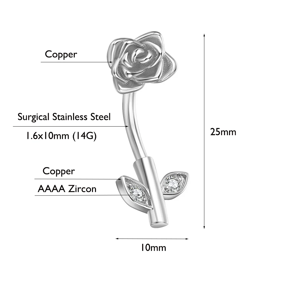 Starose 1Pc Rose Gold Color Crystal Flower Belly Piercing Ombligo Zircon Belly Button Rings Navel Ring Leaf Earring Body Jewelry