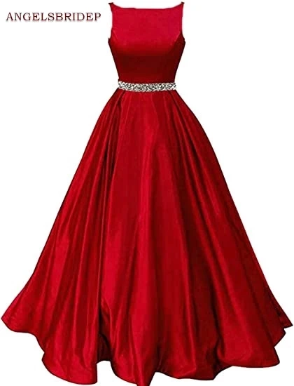 

ANGELSBRIDEP Boat-Neck Long Evening Party Gowns Vestidos de festa Formsal Beading Waist Floor-Length Abendkleider Prom Dresses