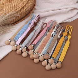 Baby Teether Pacifier Clips Wooden Infant Kids Cotton Crochet Pacifier Chain Newborn Teething Soother Chew Dummy Chain Handmad