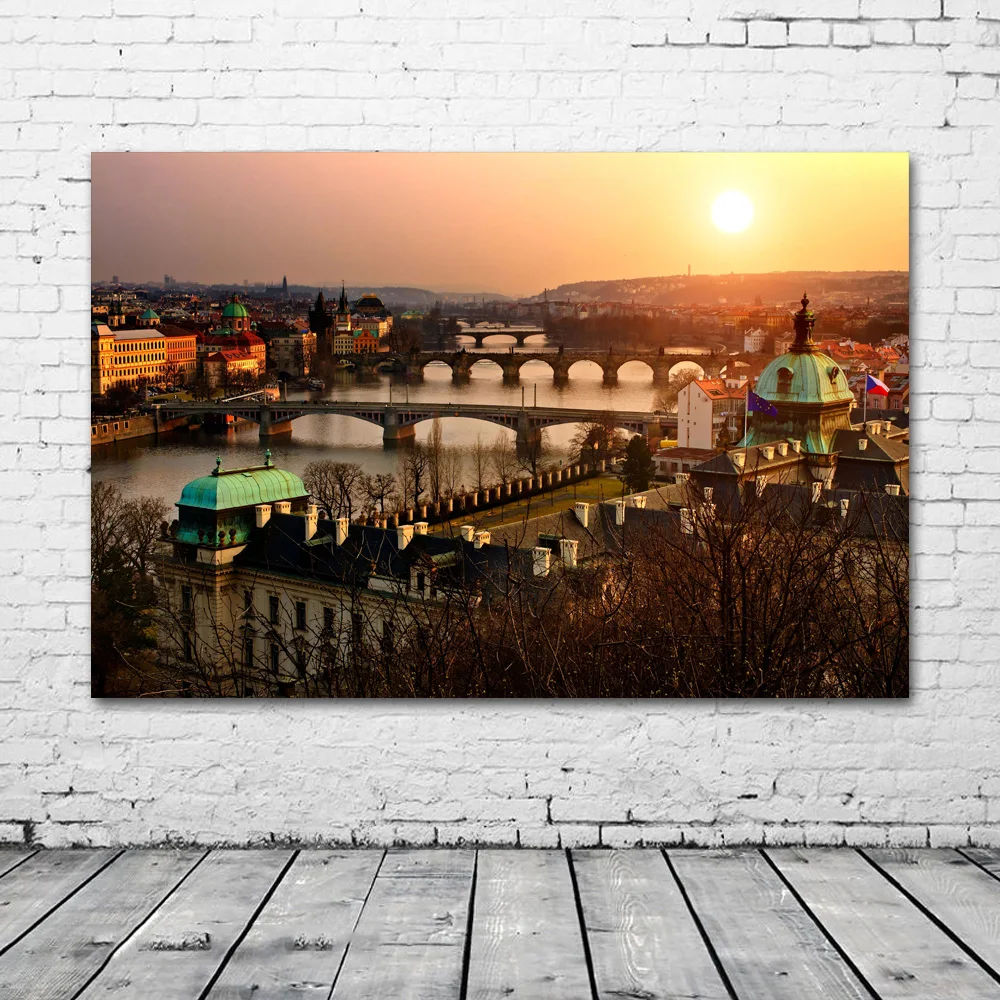 Modern Cityscapes Painting Czech History Flags Town Prague Rivers Picture Canvas Posters and Prints Wall Art for Home Decor