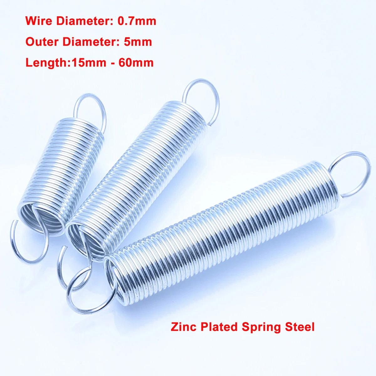 

10Pcs Wire Dia 0.7mm OD 5mm Zinc Plated Steel Tension Spring S Hook Cylindroid Helical Pullback Extension Spring Length 15-60mm