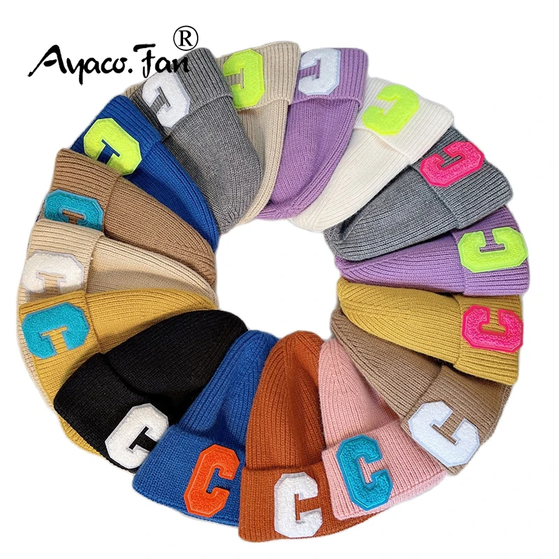 Winter Hats for Woman Thicker Beanies Letter C Knitted Hat Girls Autumn Female Candy Color Beanie Caps Warmer Bonnet Casual Cap