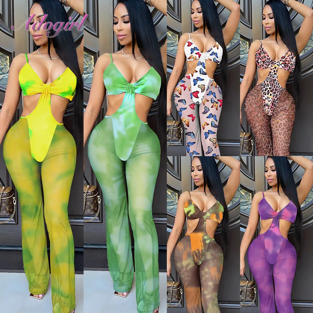 

Sexy Leopard Butterfly Tie Dye Print Sheer Mesh Jumpsuit Women Summer Strapless Backless Party Clubwear Rompers Outfit Overalls