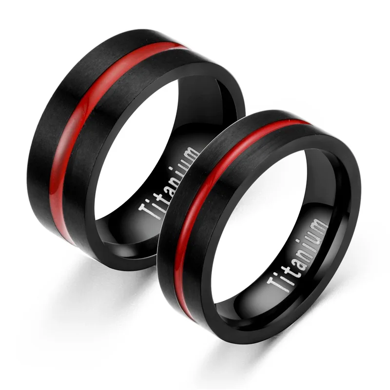 6/8mm Black Stainless Steel Couple Ring with Red Stripes Vintage Men\'s Titanium Steel Wedding Rings Band for Men Women Anillos