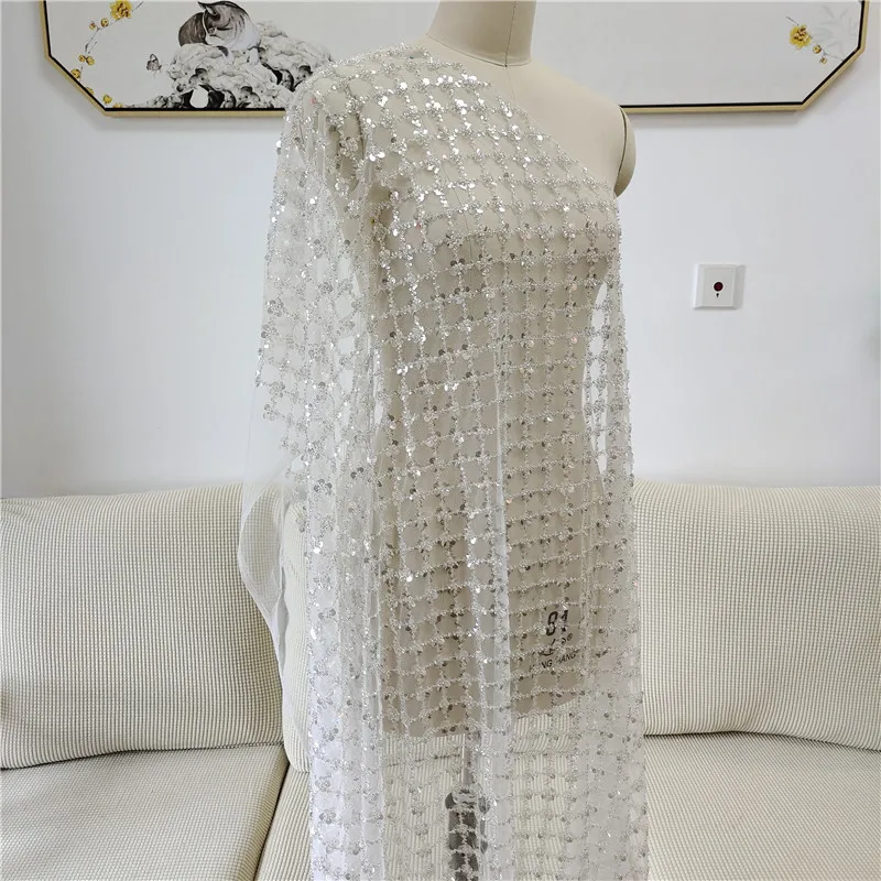 New Silver Plum Grid Beaded Embroidery Fabric Wedding Cheongsam Dress Lace Fabric DIY Handmade